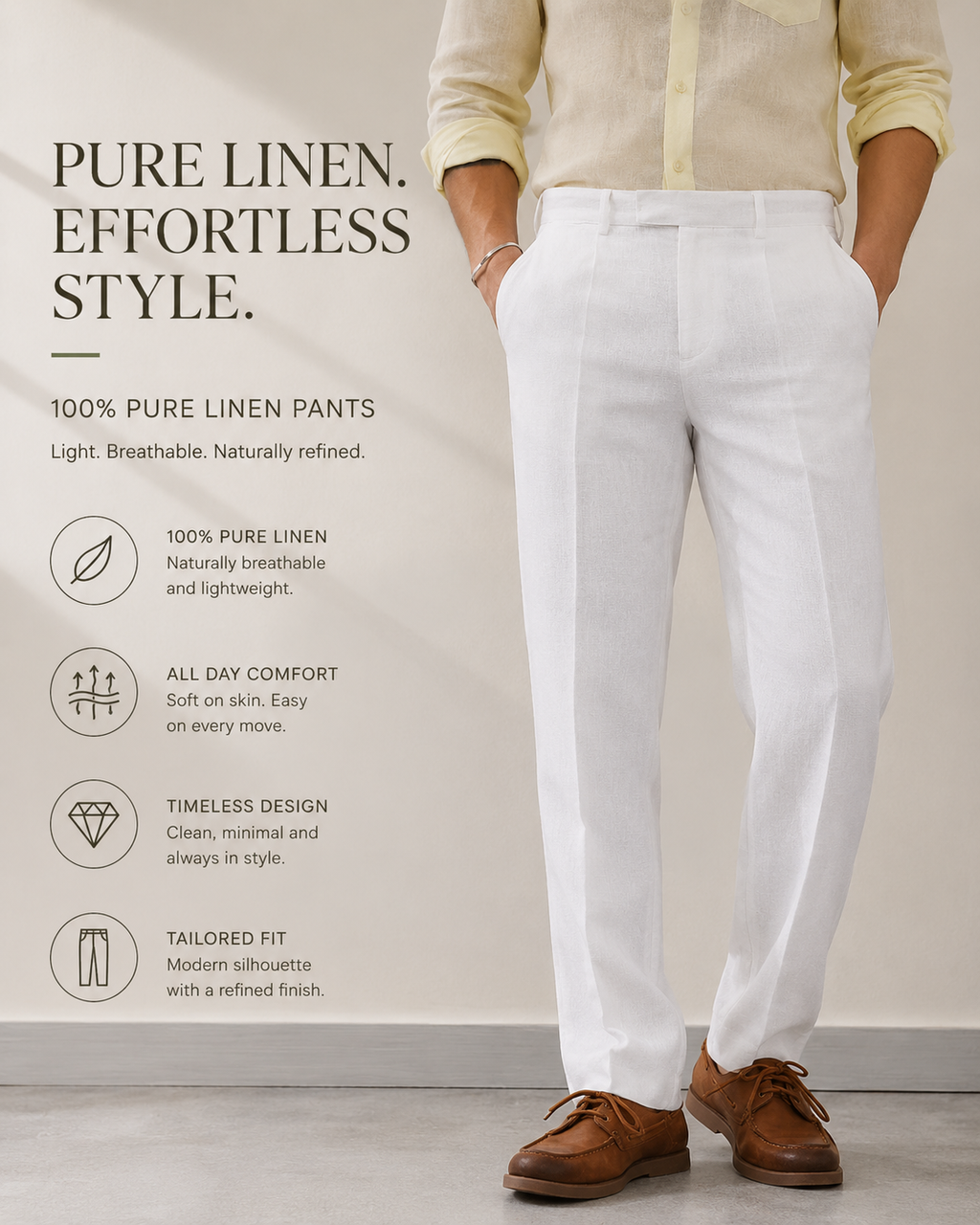 Men's White Pure Linen Trousers | Premium Linen Pants