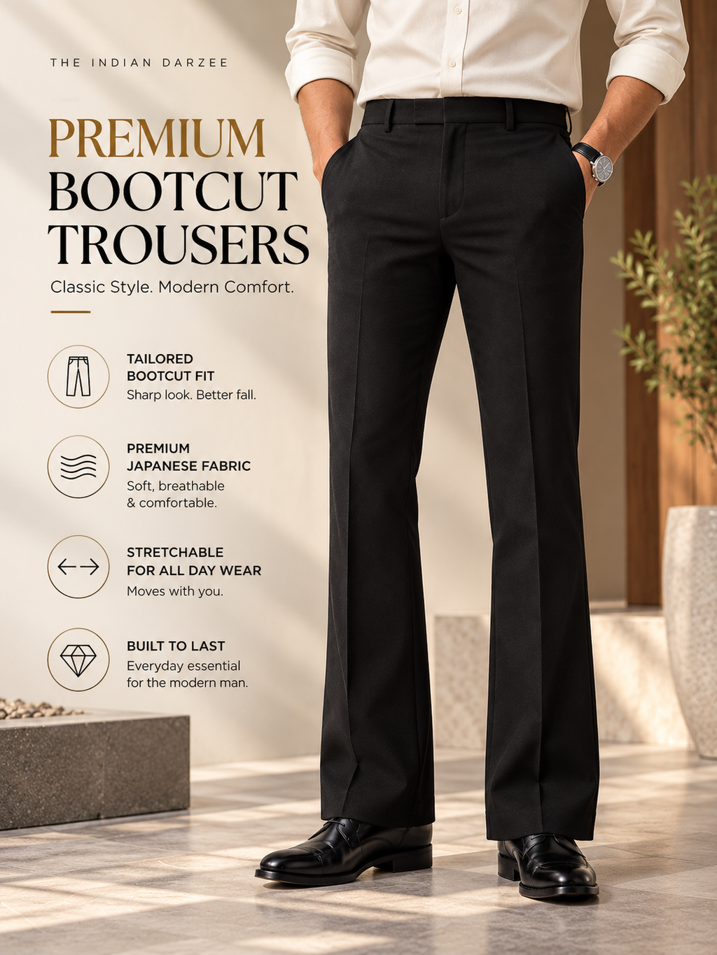 Black Bootcut Trousers | Premium Japanese Fabric