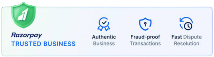 A promotional banner for Razorpay business trust, featuring a green shield icon with a white number 1, the text 'Razorpay Trusted Business,' and four blue icons with labels for 'Authentic Business,' 'Fraud-proof Transactions,' and 'Fast Dispute Resolution' on a white background.