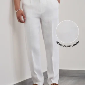 Men's White Pure Linen Pleated Trousers | Premium Linen Pants