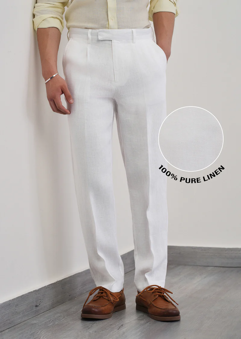 Men's White Pure Linen Pleated Trousers | Premium Linen Pants