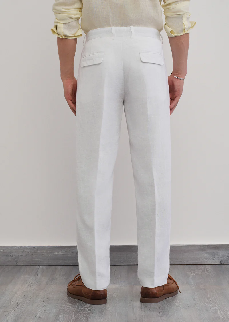 Men's White Pure Linen Pleated Trousers | Premium Linen Pants - Image 3